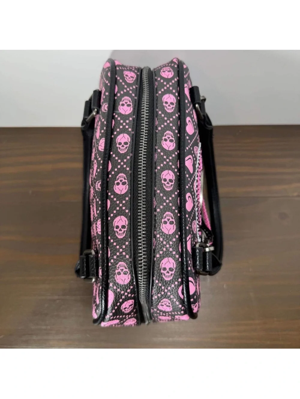 Ed Hardy Black and Pink Rhinestone Skull Satchel